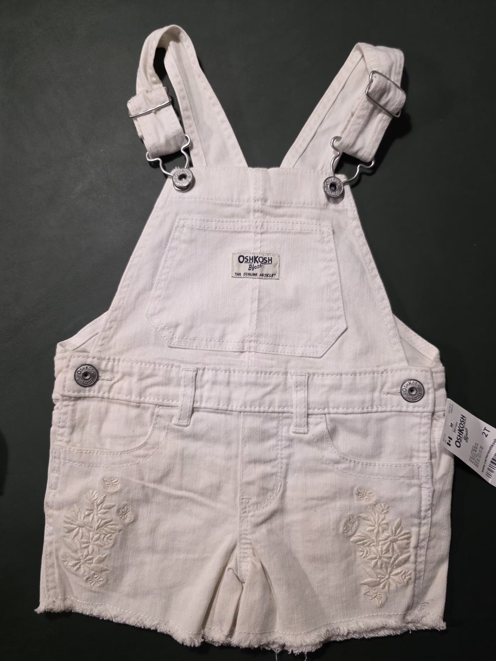 OshKosh B'gosh Cream Denim Shortall Romper with Embroidered Pockets